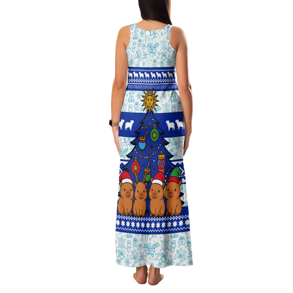 Uruguay Christmas Tank Maxi Dress with Capybaras Holiday Tree Sun Emblem and Blue Festive Pattern - Wonder Print Shop