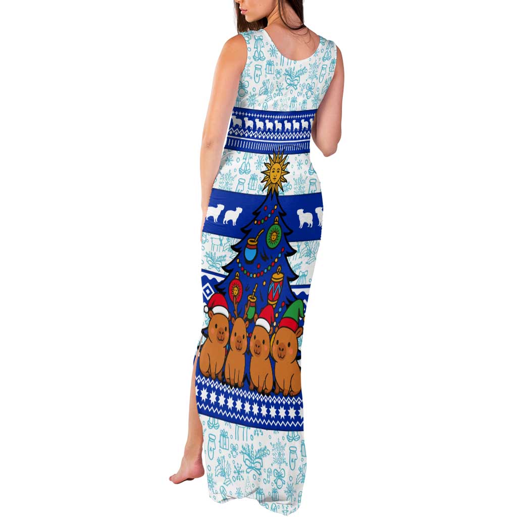 Uruguay Christmas Tank Maxi Dress with Capybaras Holiday Tree Sun Emblem and Blue Festive Pattern - Wonder Print Shop