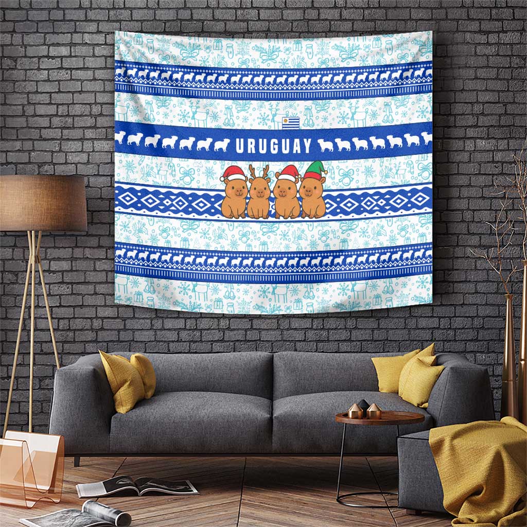 Uruguay Christmas Tapestry with Capybaras Holiday Tree Sun Emblem and Blue Festive Pattern - Wonder Print Shop