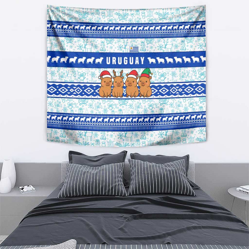 Uruguay Christmas Tapestry with Capybaras Holiday Tree Sun Emblem and Blue Festive Pattern - Wonder Print Shop