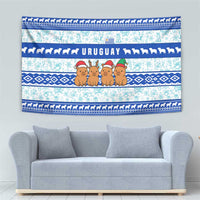 Uruguay Christmas Tapestry with Capybaras Holiday Tree Sun Emblem and Blue Festive Pattern - Wonder Print Shop