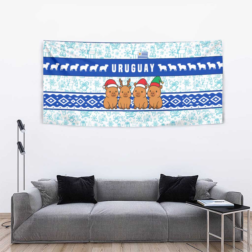 Uruguay Christmas Tapestry with Capybaras Holiday Tree Sun Emblem and Blue Festive Pattern - Wonder Print Shop