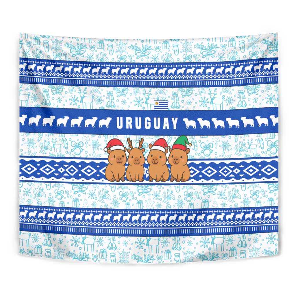 Uruguay Christmas Tapestry with Capybaras Holiday Tree Sun Emblem and Blue Festive Pattern - Wonder Print Shop