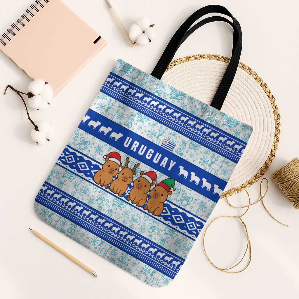 Uruguay Christmas Tote Bag with Capybaras Holiday Tree Sun Emblem and Blue Festive Pattern - Wonder Print Shop
