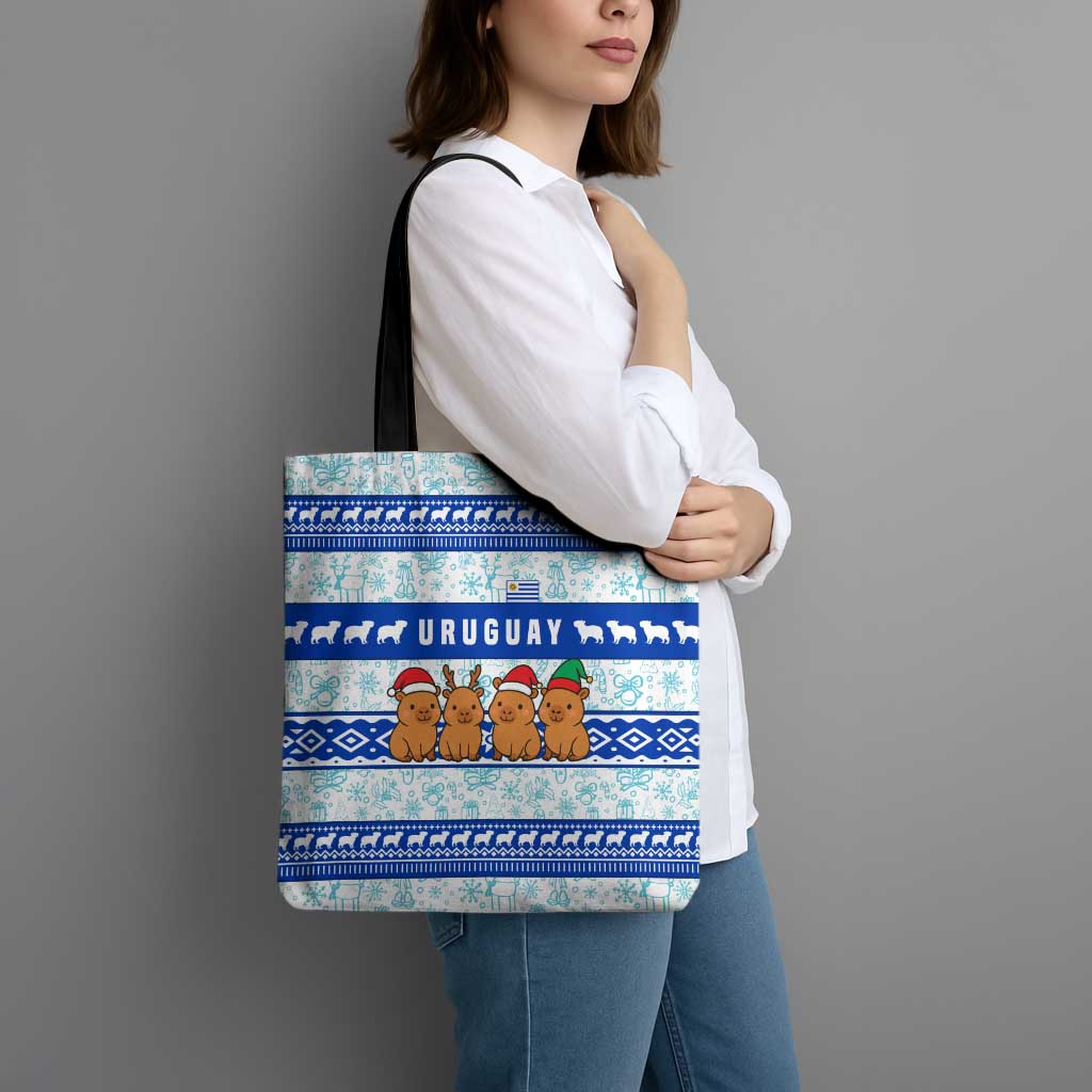 Uruguay Christmas Tote Bag with Capybaras Holiday Tree Sun Emblem and Blue Festive Pattern - Wonder Print Shop
