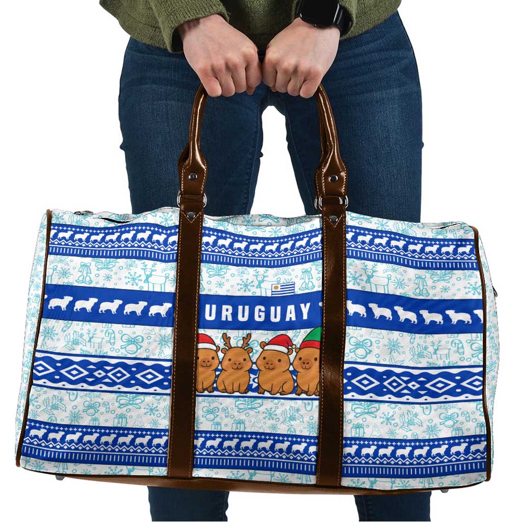 Uruguay Christmas Travel Bag with Capybaras Holiday Tree Sun Emblem and Blue Festive Pattern - Wonder Print Shop