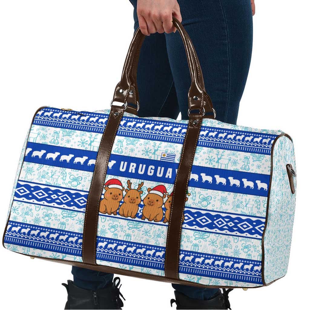 Uruguay Christmas Travel Bag with Capybaras Holiday Tree Sun Emblem and Blue Festive Pattern - Wonder Print Shop