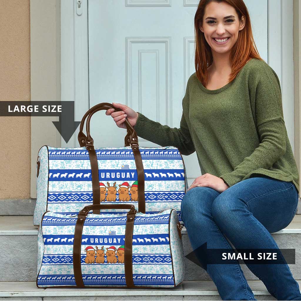 Uruguay Christmas Travel Bag with Capybaras Holiday Tree Sun Emblem and Blue Festive Pattern - Wonder Print Shop