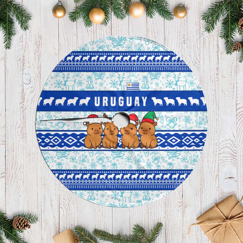 Uruguay Christmas Tree Skirt with Capybaras Holiday Tree Sun Emblem and Blue Festive Pattern - Wonder Print Shop