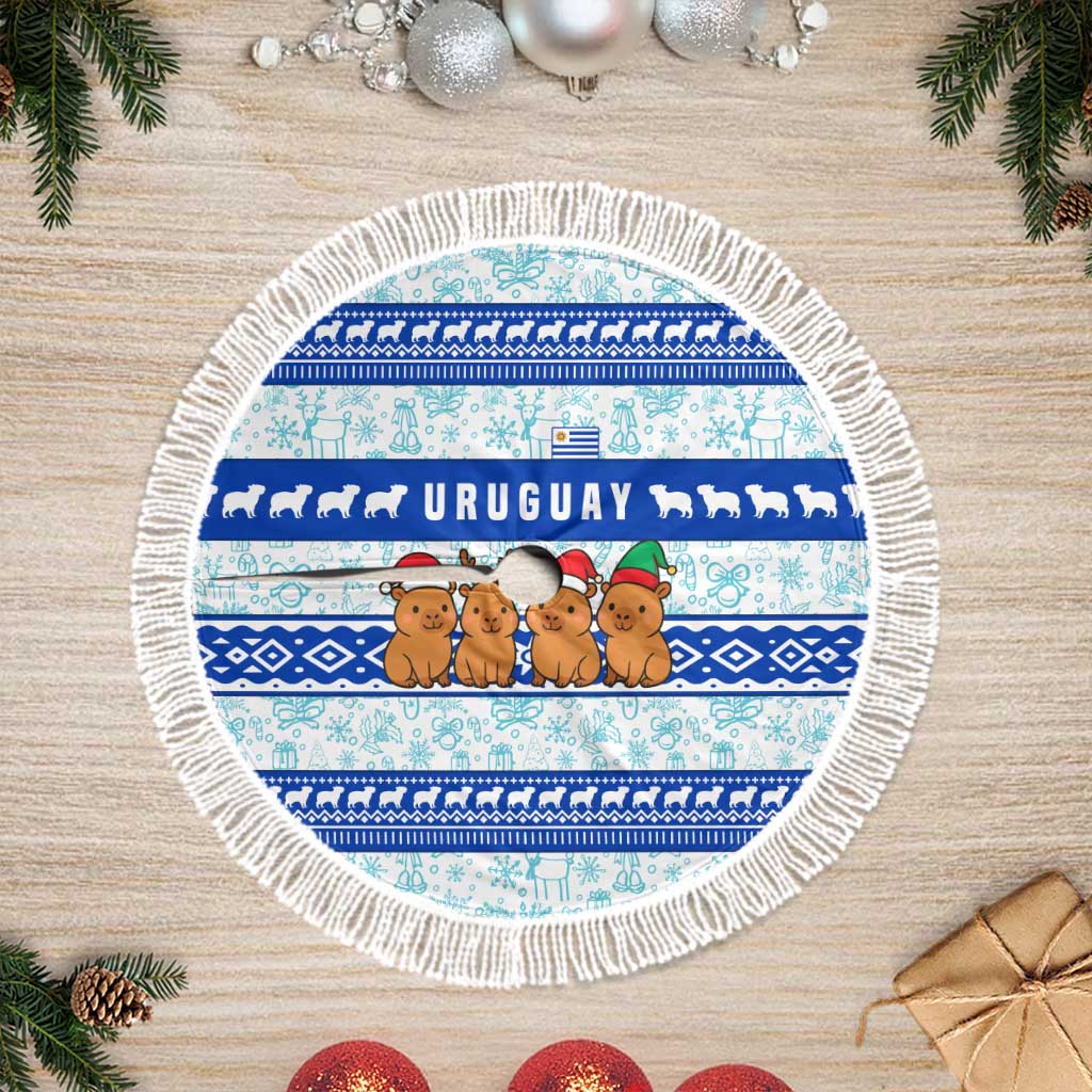 Uruguay Christmas Tree Skirt with Capybaras Holiday Tree Sun Emblem and Blue Festive Pattern - Wonder Print Shop