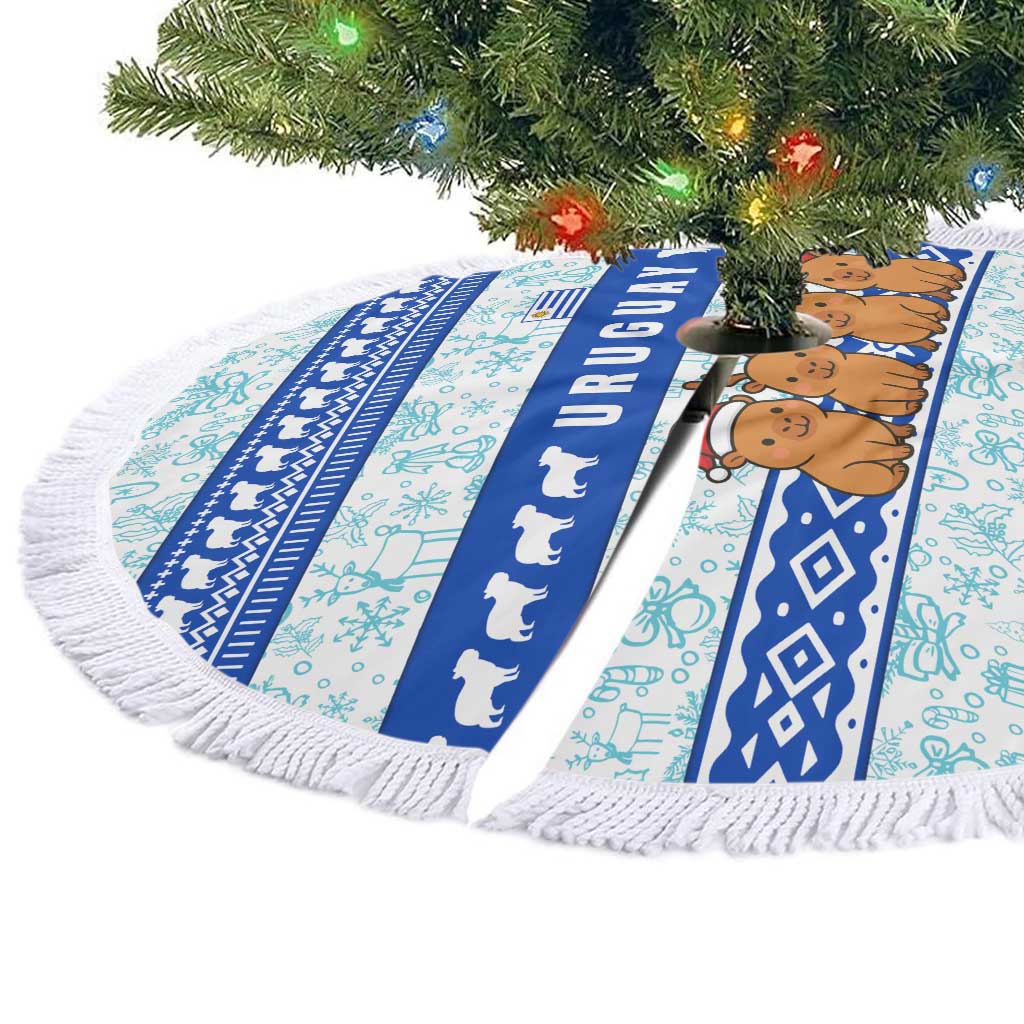 Uruguay Christmas Tree Skirt with Capybaras Holiday Tree Sun Emblem and Blue Festive Pattern - Wonder Print Shop