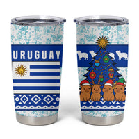 Uruguay Christmas Tumbler Cup with Capybaras Holiday Tree Sun Emblem and Blue Festive Pattern - Wonder Print Shop