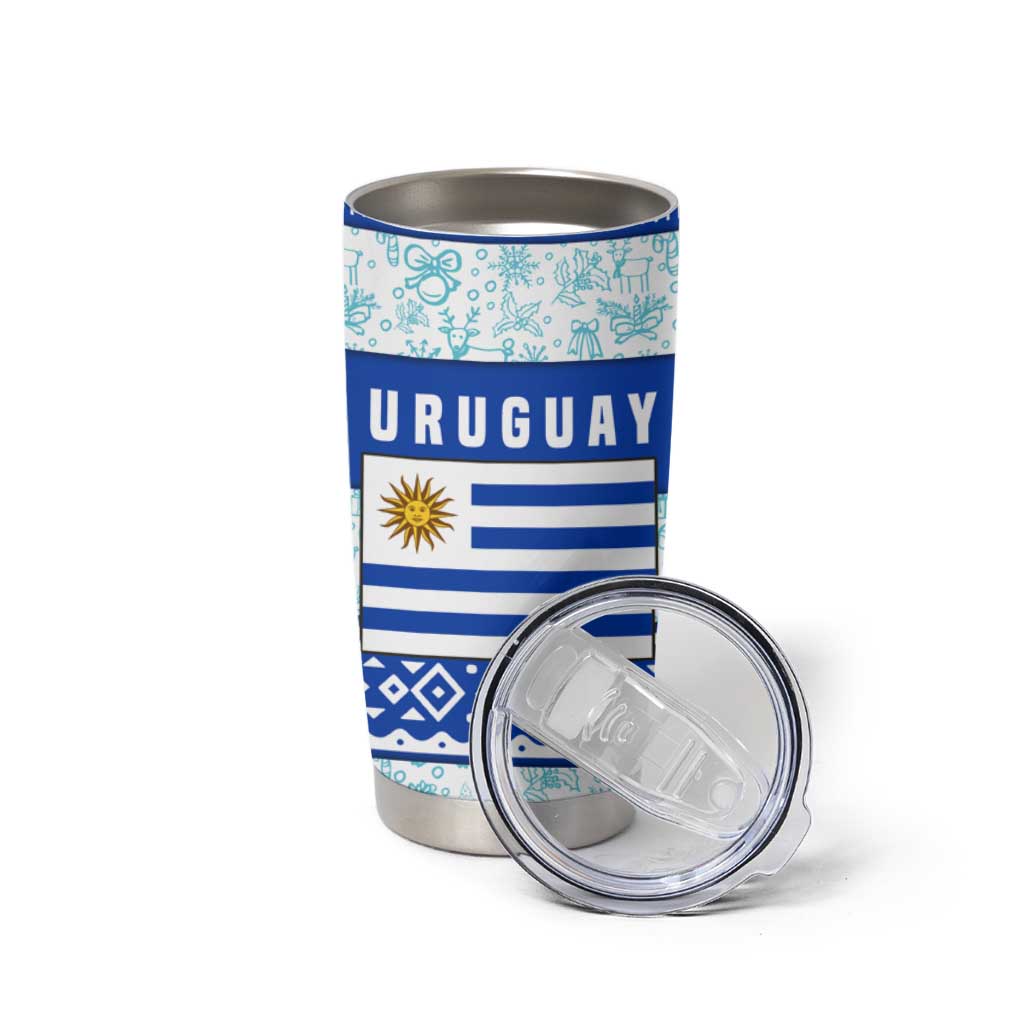 Uruguay Christmas Tumbler Cup with Capybaras Holiday Tree Sun Emblem and Blue Festive Pattern - Wonder Print Shop