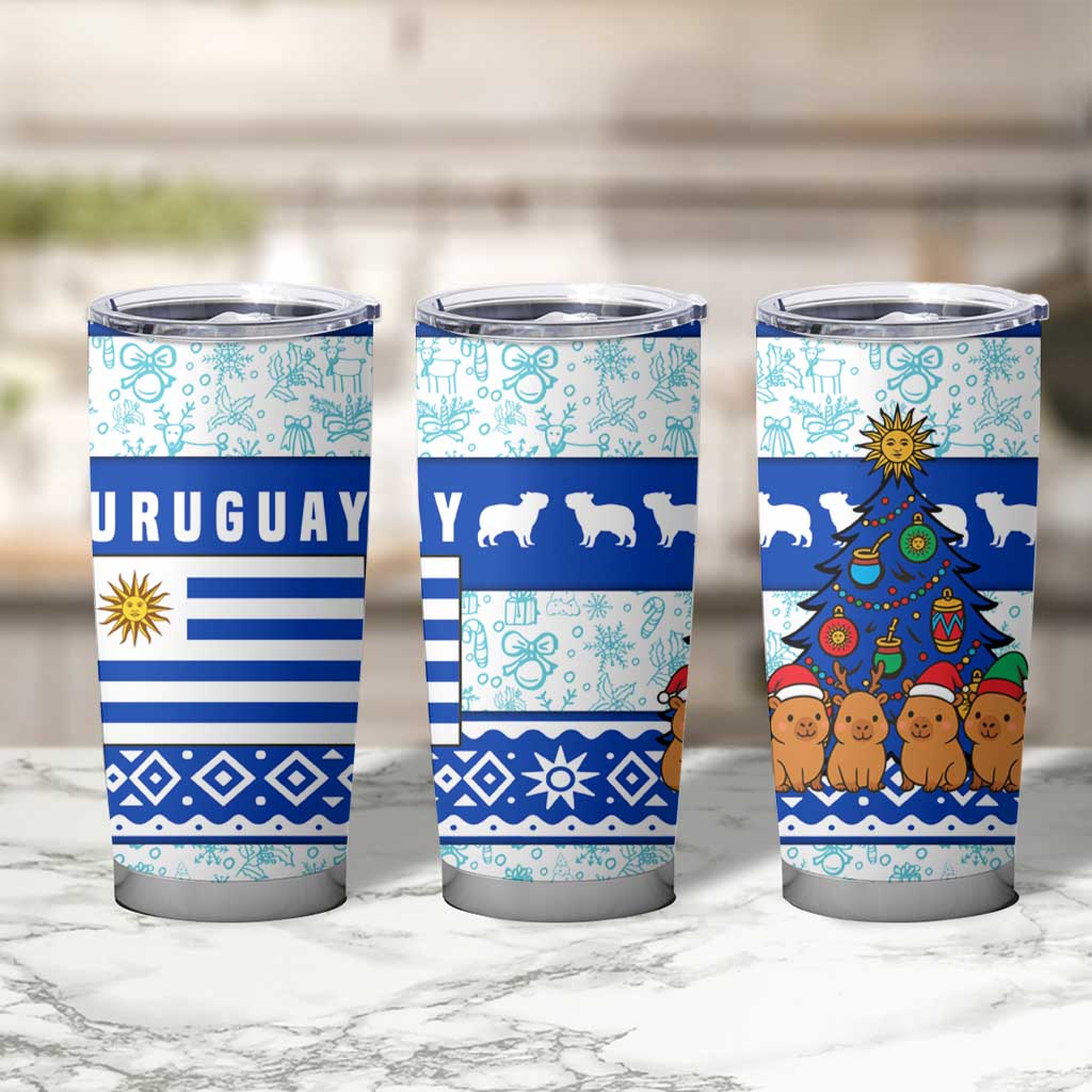 Uruguay Christmas Tumbler Cup with Capybaras Holiday Tree Sun Emblem and Blue Festive Pattern - Wonder Print Shop