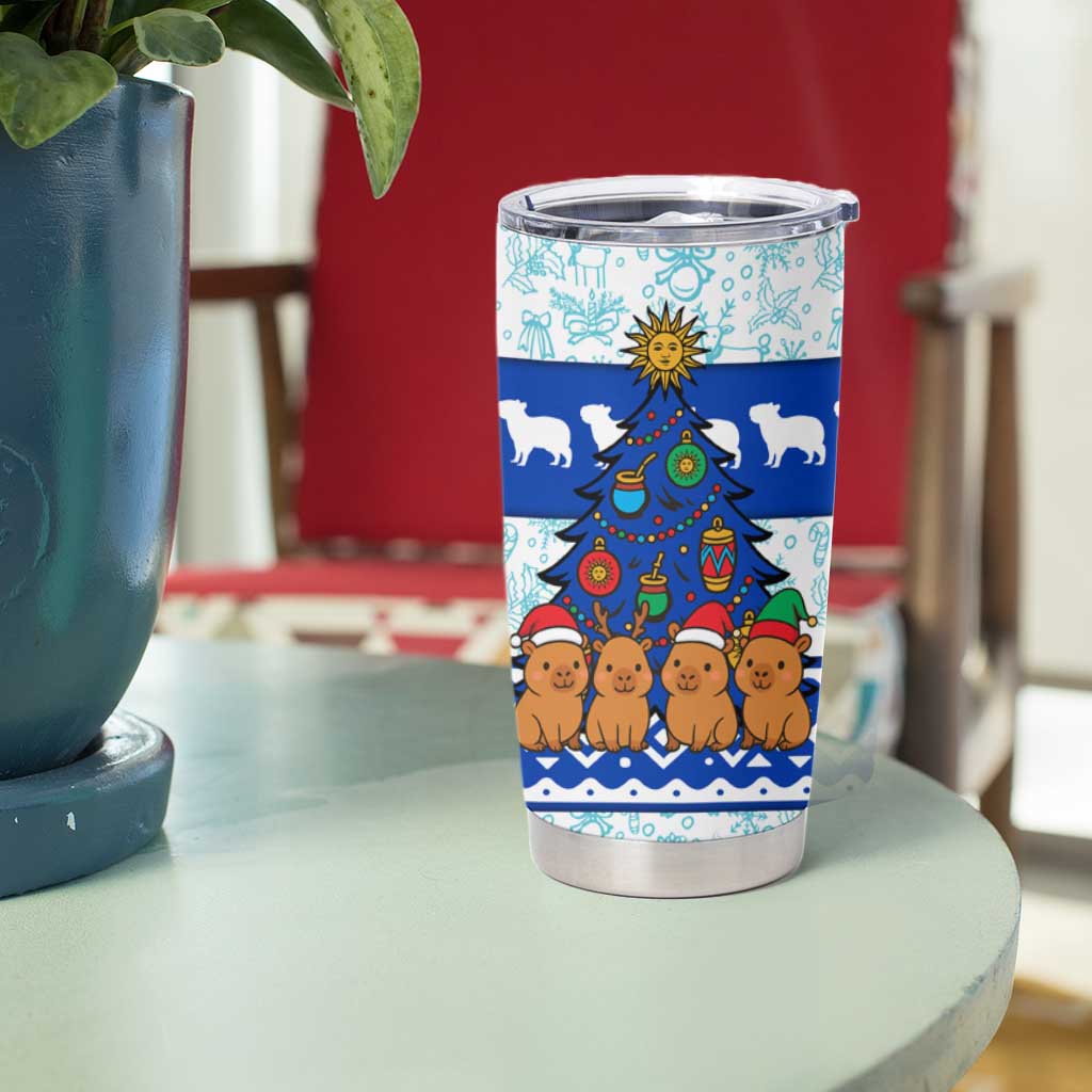 Uruguay Christmas Tumbler Cup with Capybaras Holiday Tree Sun Emblem and Blue Festive Pattern - Wonder Print Shop