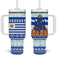 Uruguay Christmas Tumbler With Handle with Capybaras Holiday Tree Sun Emblem and Blue Festive Pattern - Wonder Print Shop
