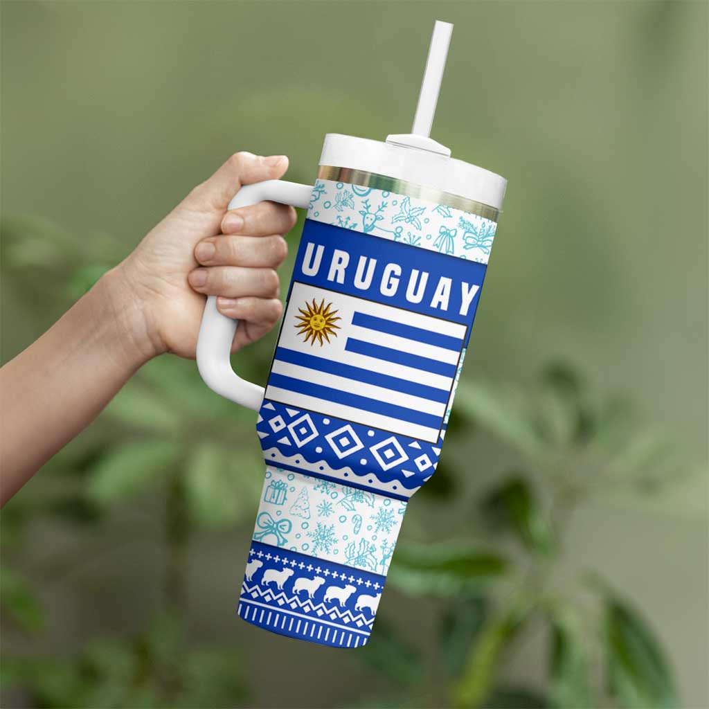 Uruguay Christmas Tumbler With Handle with Capybaras Holiday Tree Sun Emblem and Blue Festive Pattern - Wonder Print Shop