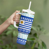 Uruguay Christmas Tumbler With Handle with Capybaras Holiday Tree Sun Emblem and Blue Festive Pattern - Wonder Print Shop