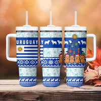 Uruguay Christmas Tumbler With Handle with Capybaras Holiday Tree Sun Emblem and Blue Festive Pattern - Wonder Print Shop