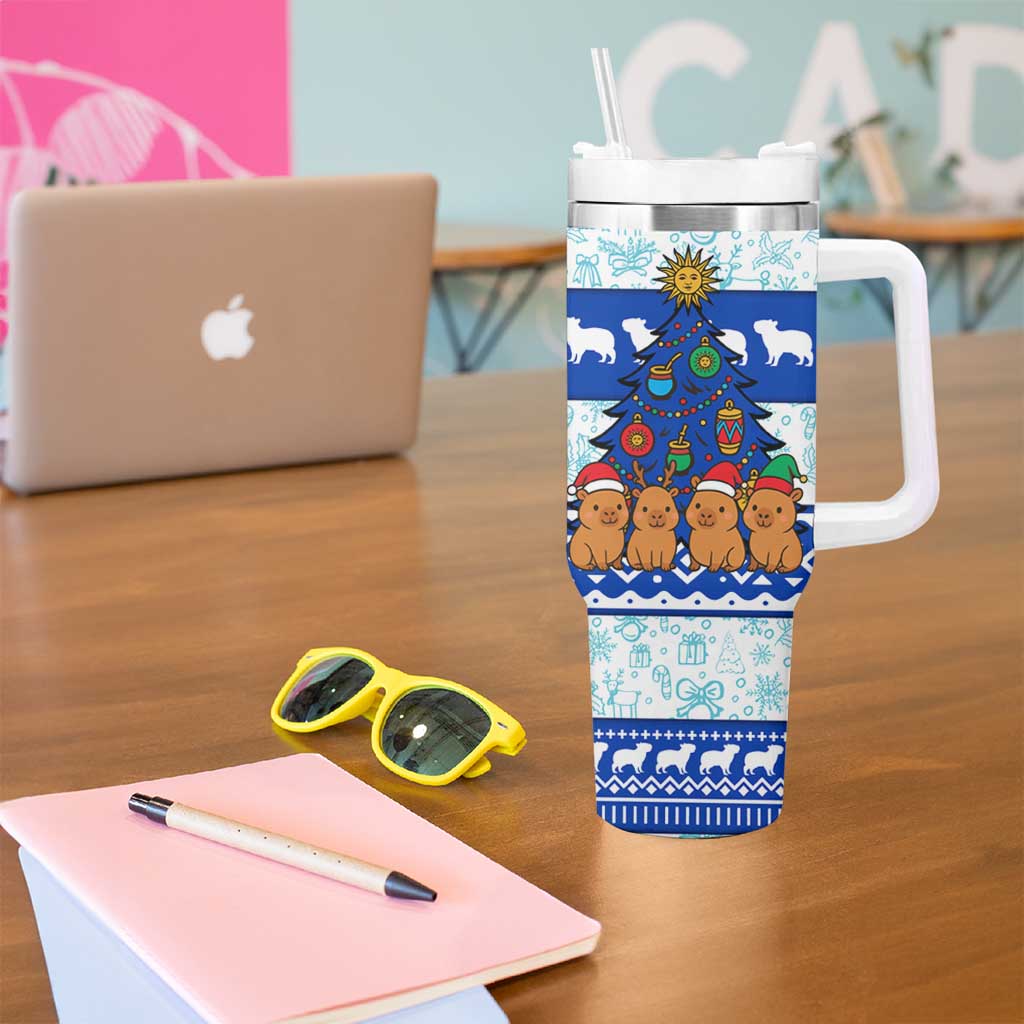 Uruguay Christmas Tumbler With Handle with Capybaras Holiday Tree Sun Emblem and Blue Festive Pattern - Wonder Print Shop