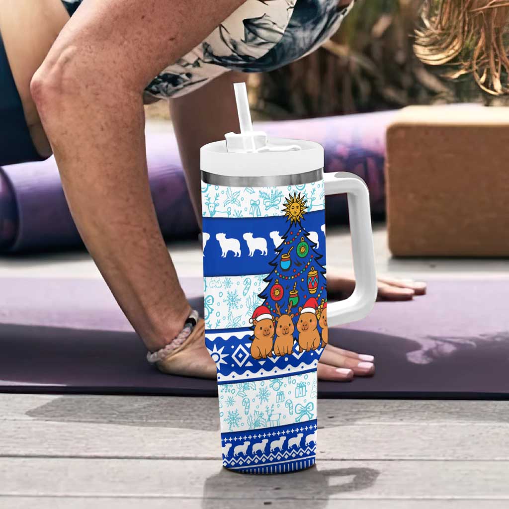 Uruguay Christmas Tumbler With Handle with Capybaras Holiday Tree Sun Emblem and Blue Festive Pattern - Wonder Print Shop