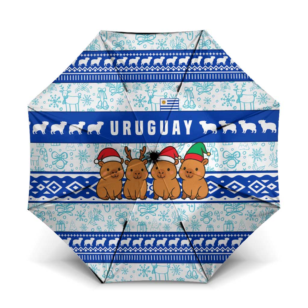 Uruguay Christmas Umbrella with Capybaras Holiday Tree Sun Emblem and Blue Festive Pattern - Wonder Print Shop