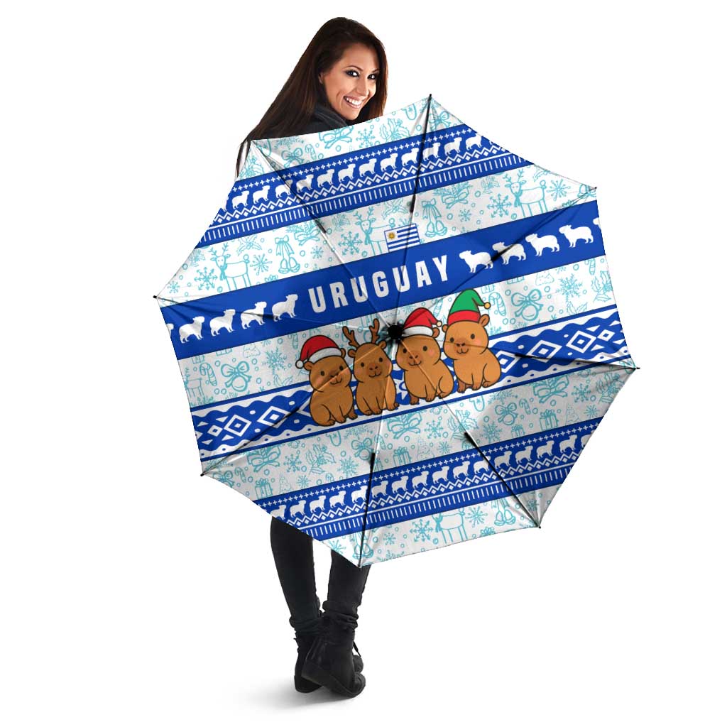 Uruguay Christmas Umbrella with Capybaras Holiday Tree Sun Emblem and Blue Festive Pattern - Wonder Print Shop