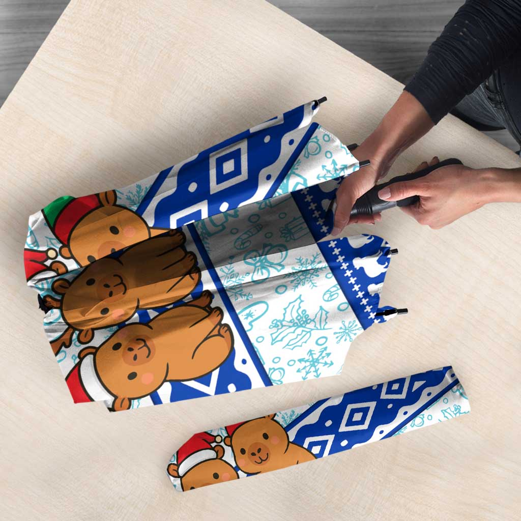 Uruguay Christmas Umbrella with Capybaras Holiday Tree Sun Emblem and Blue Festive Pattern - Wonder Print Shop