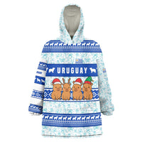 Uruguay Christmas Wearable Blanket Hoodie with Capybaras Holiday Tree Sun Emblem and Blue Festive Pattern - Wonder Print Shop