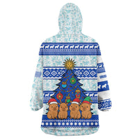 Uruguay Christmas Wearable Blanket Hoodie with Capybaras Holiday Tree Sun Emblem and Blue Festive Pattern - Wonder Print Shop
