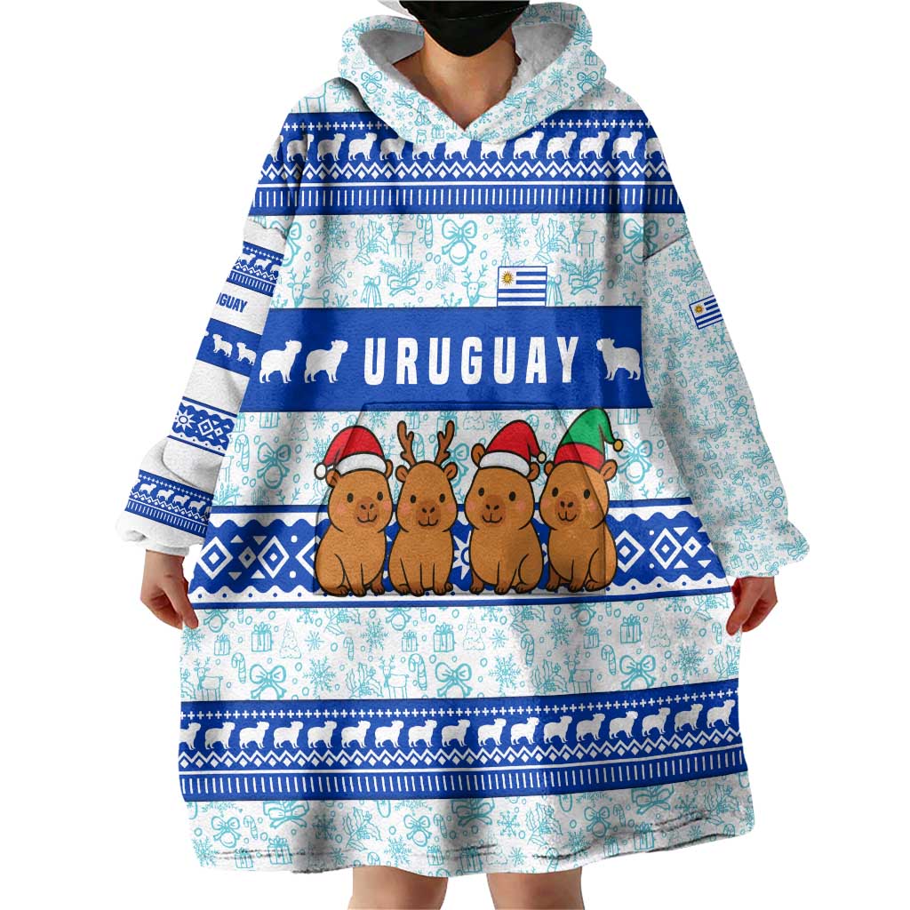 Uruguay Christmas Wearable Blanket Hoodie with Capybaras Holiday Tree Sun Emblem and Blue Festive Pattern - Wonder Print Shop