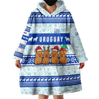 Uruguay Christmas Wearable Blanket Hoodie with Capybaras Holiday Tree Sun Emblem and Blue Festive Pattern - Wonder Print Shop