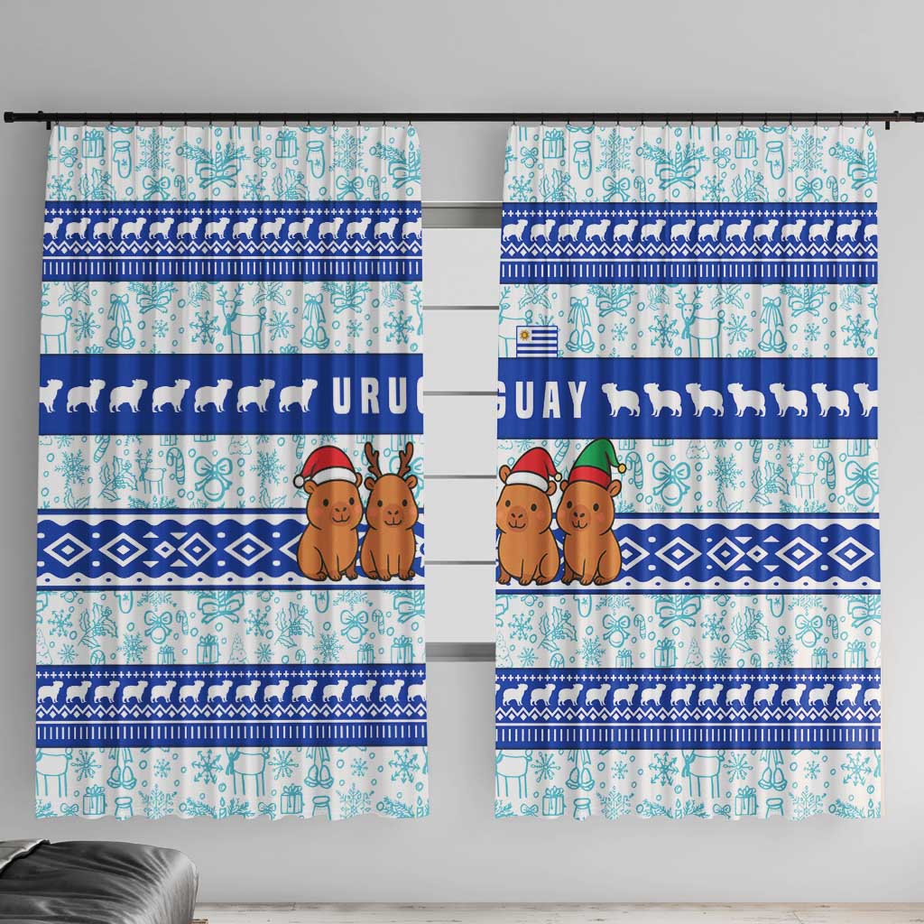 Uruguay Christmas Window Curtain with Capybaras Holiday Tree Sun Emblem and Blue Festive Pattern - Wonder Print Shop