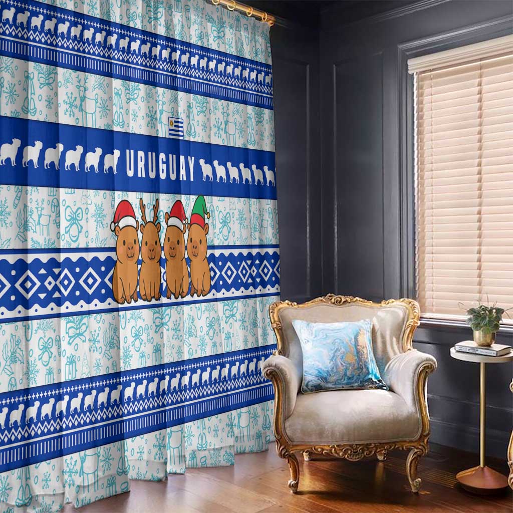 Uruguay Christmas Window Curtain with Capybaras Holiday Tree Sun Emblem and Blue Festive Pattern - Wonder Print Shop