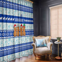 Uruguay Christmas Window Curtain with Capybaras Holiday Tree Sun Emblem and Blue Festive Pattern - Wonder Print Shop