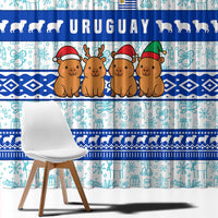 Uruguay Christmas Window Curtain with Capybaras Holiday Tree Sun Emblem and Blue Festive Pattern - Wonder Print Shop