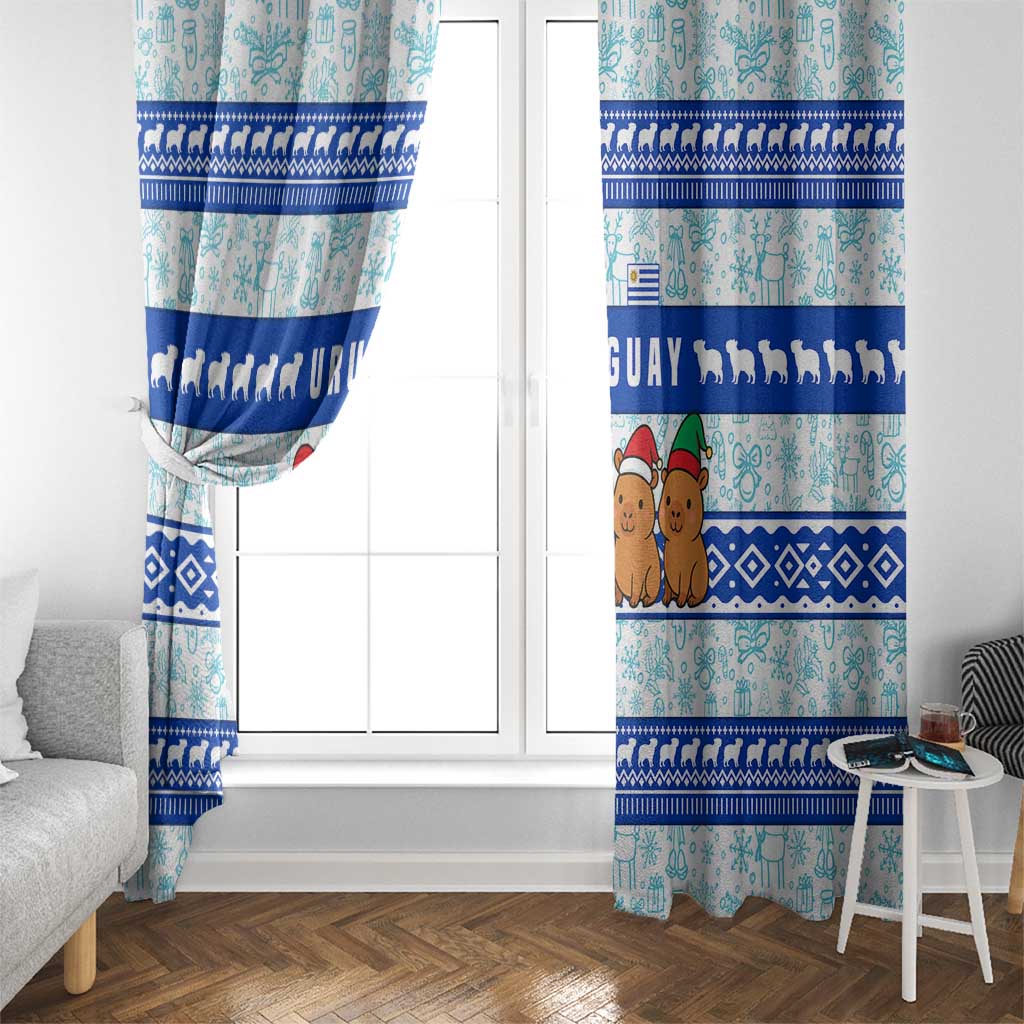 Uruguay Christmas Window Curtain with Capybaras Holiday Tree Sun Emblem and Blue Festive Pattern - Wonder Print Shop