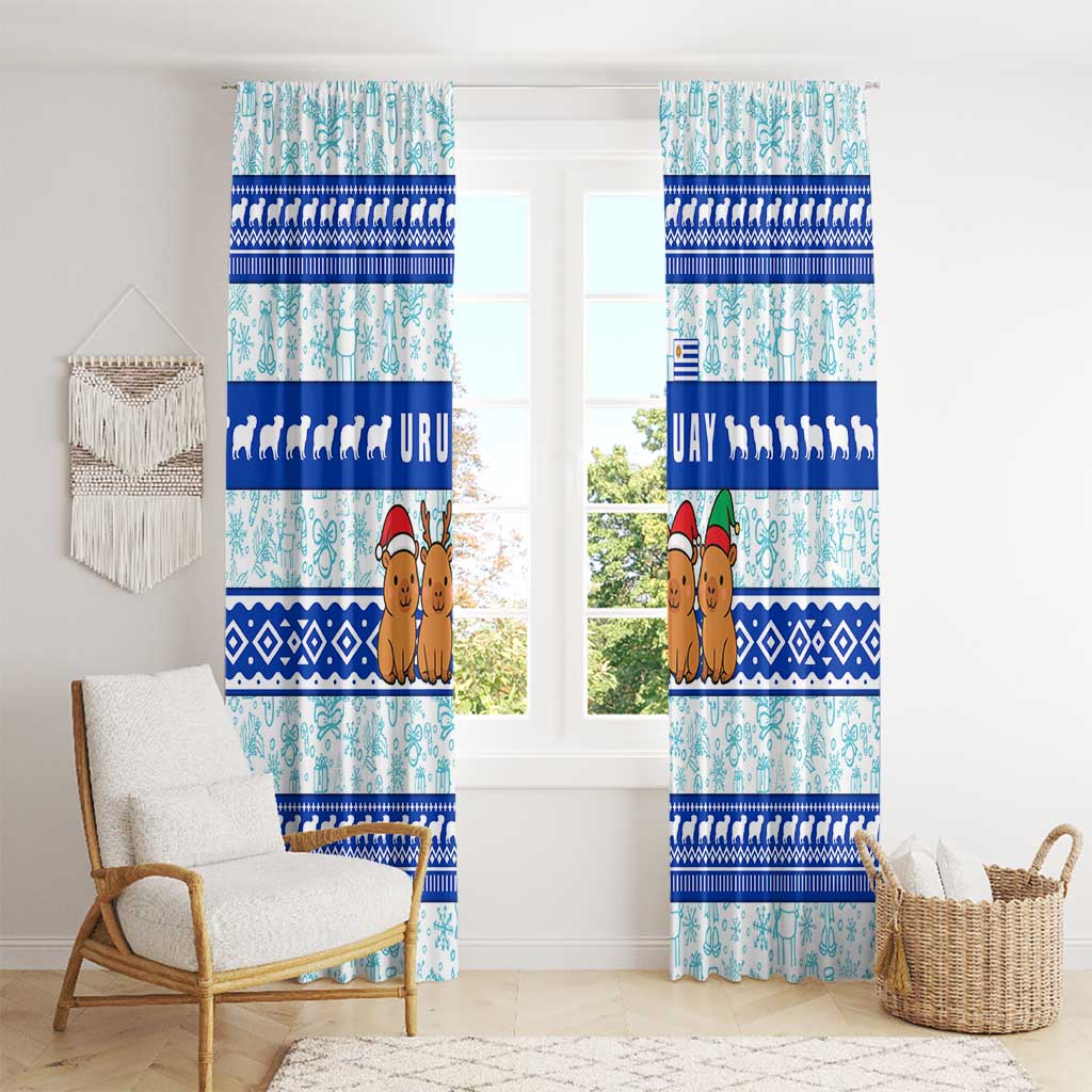 Uruguay Christmas Window Curtain with Capybaras Holiday Tree Sun Emblem and Blue Festive Pattern - Wonder Print Shop