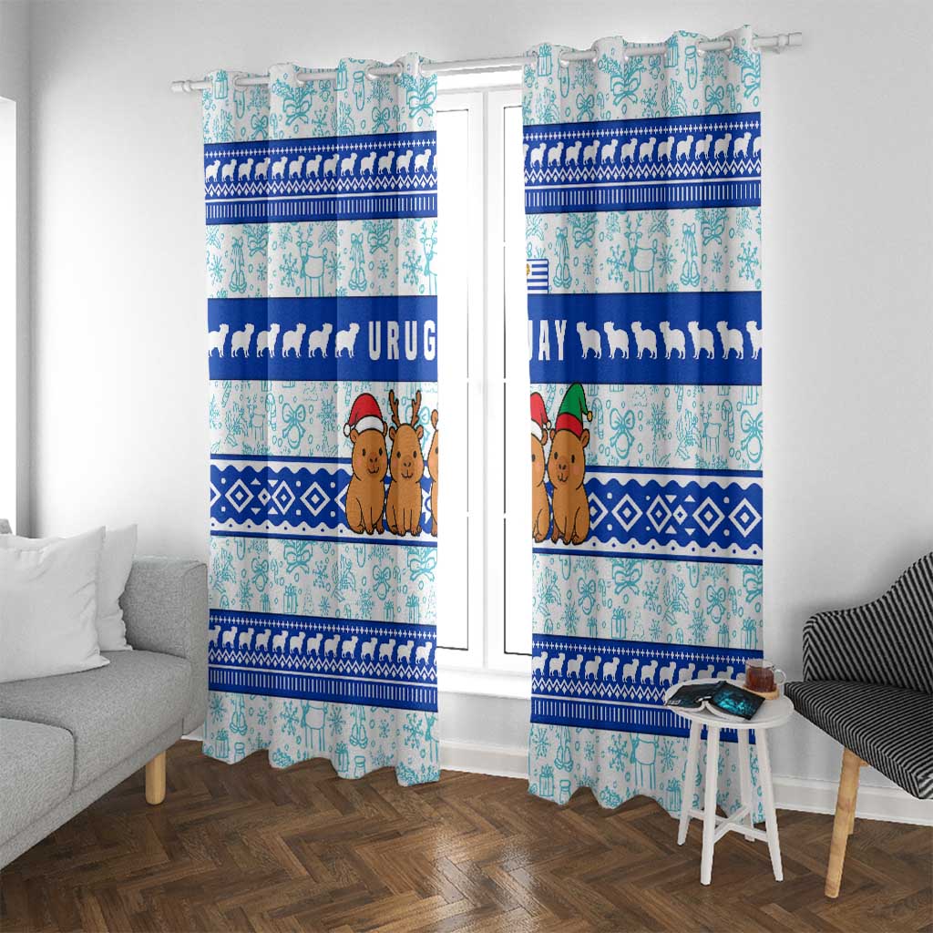 Uruguay Christmas Window Curtain with Capybaras Holiday Tree Sun Emblem and Blue Festive Pattern - Wonder Print Shop