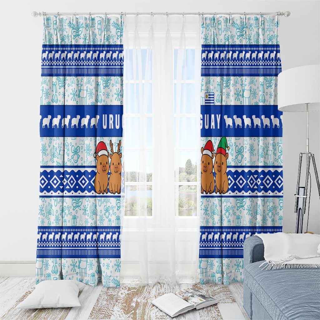 Uruguay Christmas Window Curtain with Capybaras Holiday Tree Sun Emblem and Blue Festive Pattern - Wonder Print Shop