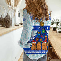 Uruguay Christmas Women Casual Shirt with Capybaras Holiday Tree Sun Emblem and Blue Festive Pattern - Wonder Print Shop