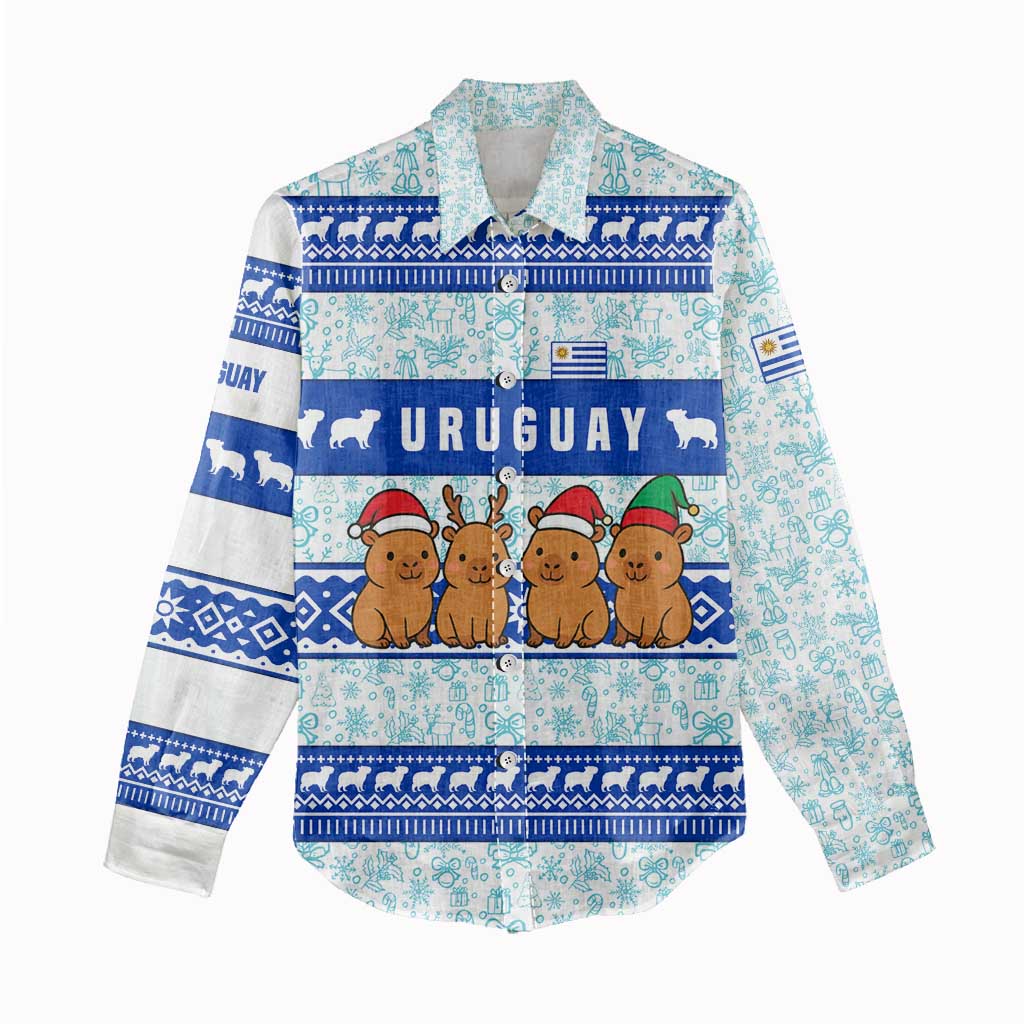 Uruguay Christmas Women Casual Shirt with Capybaras Holiday Tree Sun Emblem and Blue Festive Pattern - Wonder Print Shop