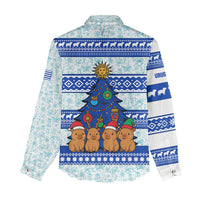 Uruguay Christmas Women Casual Shirt with Capybaras Holiday Tree Sun Emblem and Blue Festive Pattern - Wonder Print Shop