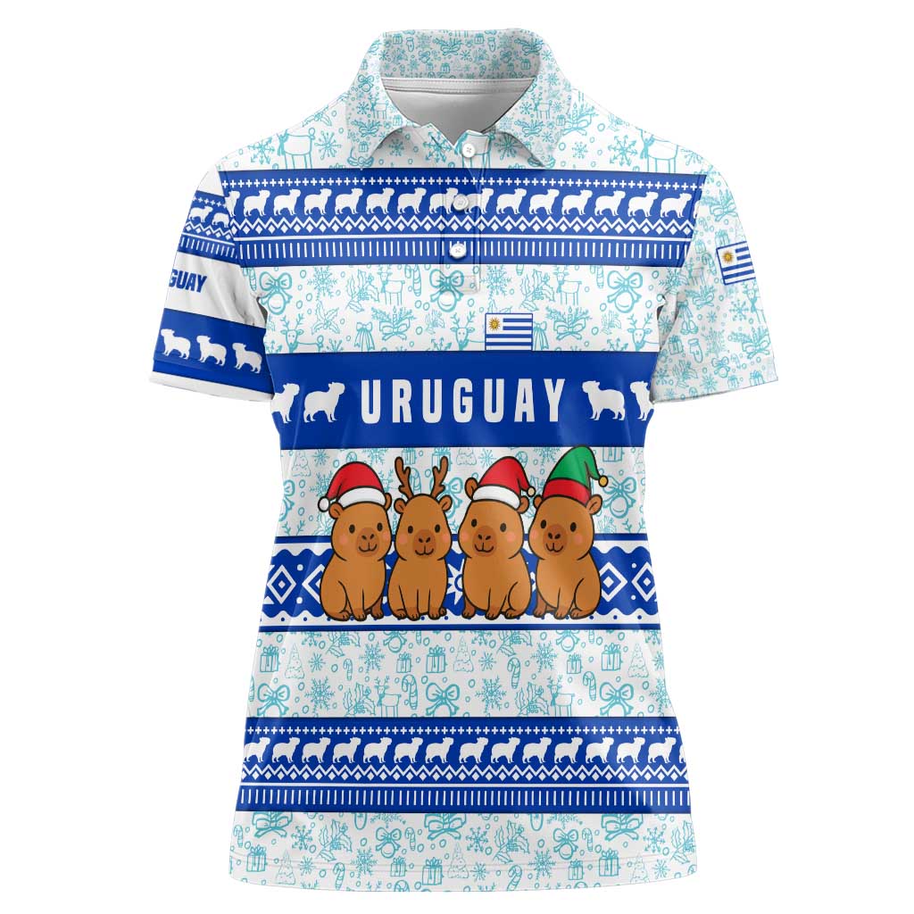 Uruguay Christmas Women Polo Shirt with Capybaras Holiday Tree Sun Emblem and Blue Festive Pattern - Wonder Print Shop