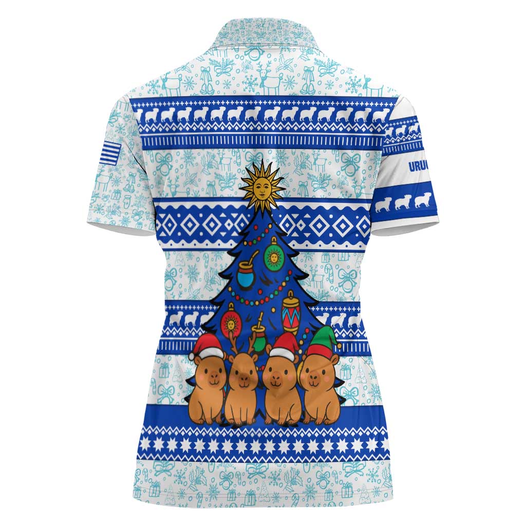 Uruguay Christmas Women Polo Shirt with Capybaras Holiday Tree Sun Emblem and Blue Festive Pattern - Wonder Print Shop