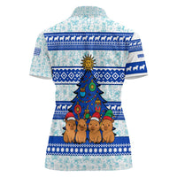 Uruguay Christmas Women Polo Shirt with Capybaras Holiday Tree Sun Emblem and Blue Festive Pattern - Wonder Print Shop
