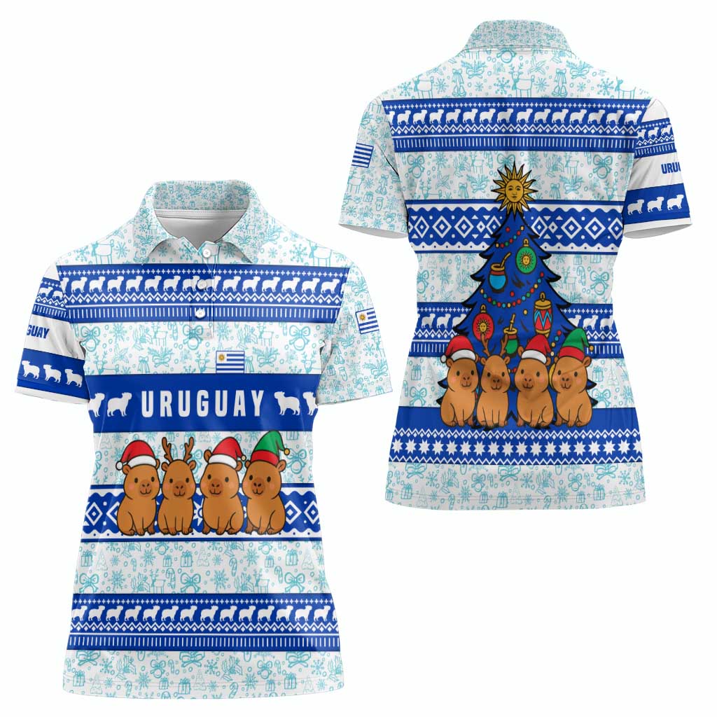 Uruguay Christmas Women Polo Shirt with Capybaras Holiday Tree Sun Emblem and Blue Festive Pattern - Wonder Print Shop