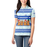 Uruguay Christmas Women Polo Shirt with Capybaras Holiday Tree Sun Emblem and Blue Festive Pattern - Wonder Print Shop