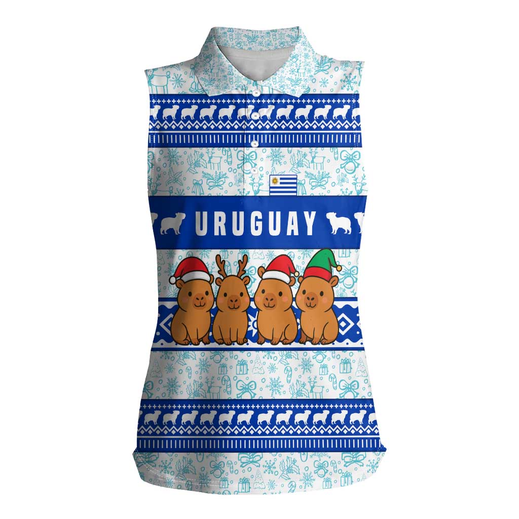Uruguay Christmas Women Sleeveless Polo Shirt with Capybaras Holiday Tree Sun Emblem and Blue Festive Pattern - Wonder Print Shop
