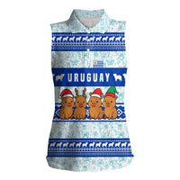 Uruguay Christmas Women Sleeveless Polo Shirt with Capybaras Holiday Tree Sun Emblem and Blue Festive Pattern - Wonder Print Shop